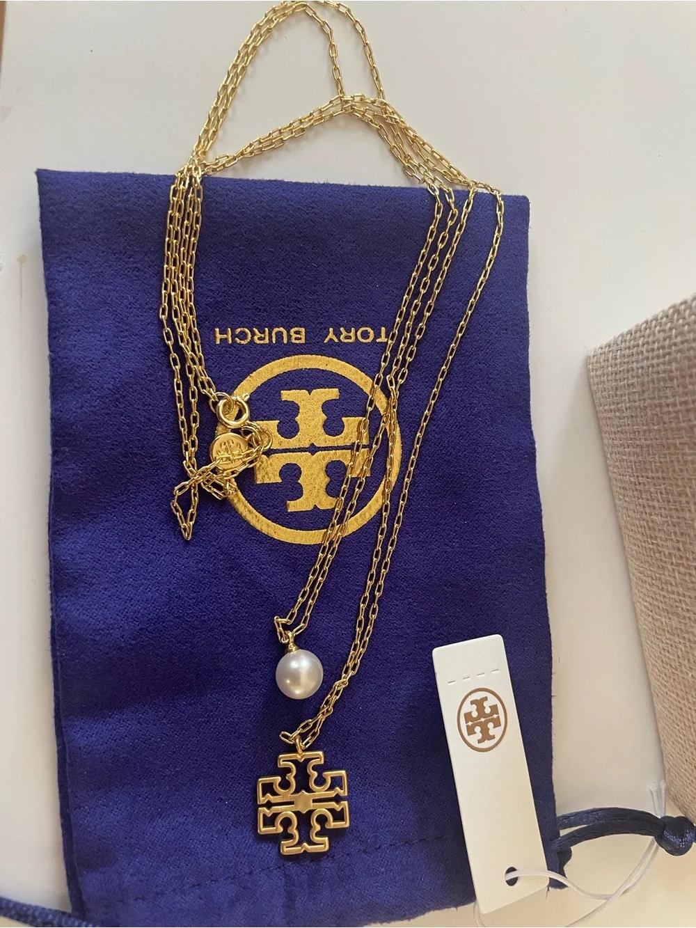 Tory Burch Gold Layered Necklace with White Pearl and Logo Pendant